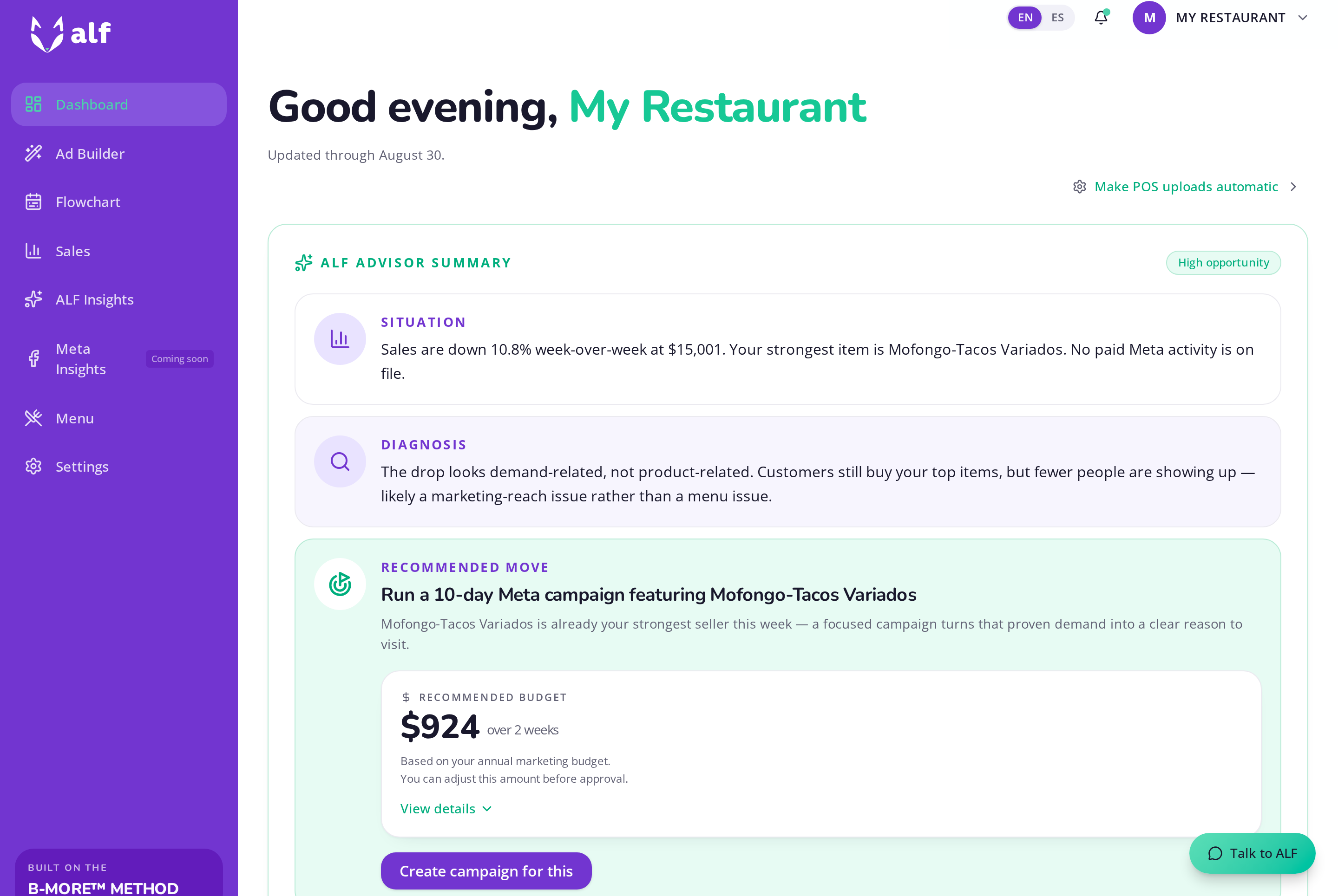 ALF dashboard with advisor summary