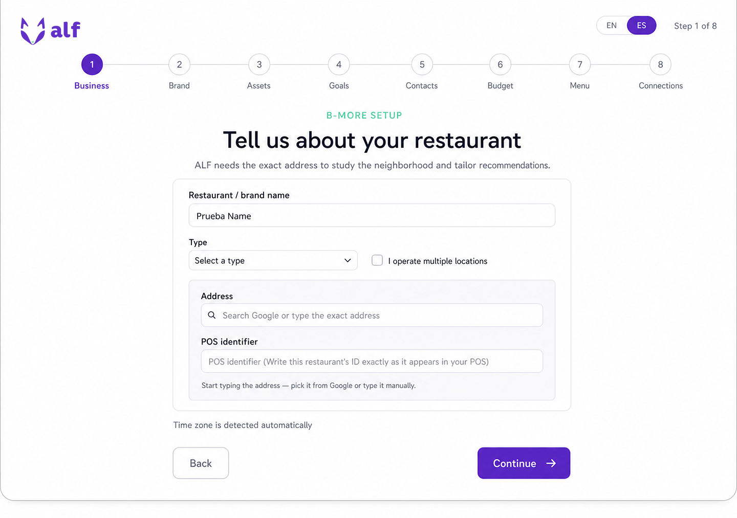 ALF setup screen